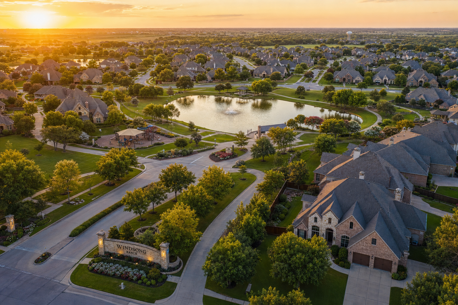 Aerial view of a Texas master-planned neighborhood managed by Park Place